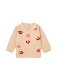 Beige gebreide trui met een kraag en bloemborduursel in rood en roze tinten, met lange mouwen en een rechte snit.