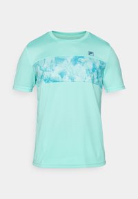 Light blue athletic t-shirt made of breathable fabric, featuring a textured blue patterned panel across the chest and a crew neckline.