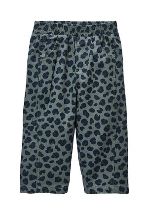 Pantalon vert pour tout-petit avec des taches de léopard noires, taille élastique et poches latérales.