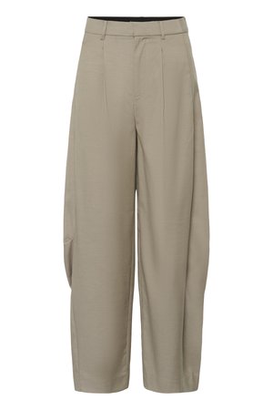 Pantalon beige taille haute à jambes larges avec plis, passants pour ceinture et fermeture éclair à l'avant, présenté sur un fond blanc.