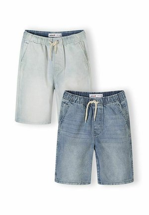 Dwie pary szortów dżinsowych z elastycznymi pasami i sznurkami do wiązania, jedna w jasnoniebieskim, druga w średnim odcieniu niebieskiego, ułożone na płasko.