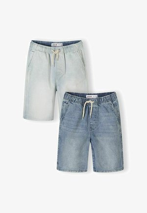 To par korte jeansshorts med elastiske linninger og snørebånd, den ene lyseblå og den anden mellemblå, lagt fladt.
