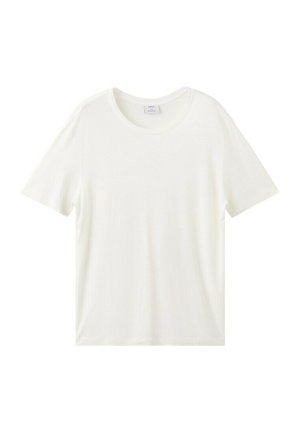 T-shirt bianca semplice in cotone a maniche corte con collo rotondo, mostrata distesa su uno sfondo bianco.