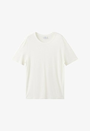 T-shirt bianca semplice in cotone a maniche corte con collo rotondo, mostrata distesa su uno sfondo bianco.