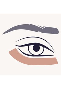 Illustrazione di un occhio stilizzato con un contorno scuro, un'iride bianca e un morbido accento pesca sotto. Presenta un sopracciglio curvo di colore grigio scuro.