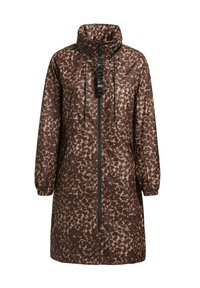 Vodovzdorný hnedý parka s leopardím vzorom, vysokým golierom, elastickými manžetami a predným zipsom s nastaviteľnými stopkami.