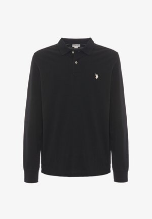 Polo a maniche lunghe nera in cotone, con una chiusura a tre bottoni, polsini a costine e un piccolo logo ricamato sul petto.