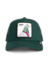 Green trucker hat with a mesh back, featuring an embroidered patch of a pigeon and the word "HOMIE" above the bird in black text.