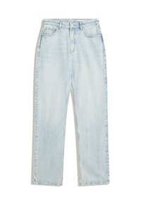 Svijetloplave visoko strukirane traperice ravnog kroja imaju izbleđeni izgled, pet džepova i metalno dugme za zatvaranje. Horizontalni šavovi ukrašavaju pojas.