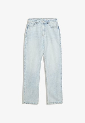 Světle modré džíny s vysokým pasem a rovnými nohavicemi mají vybledlý vzhled, pět kapes a kovové zapínání na knoflík. Horizontalní švy zdobí pásek.