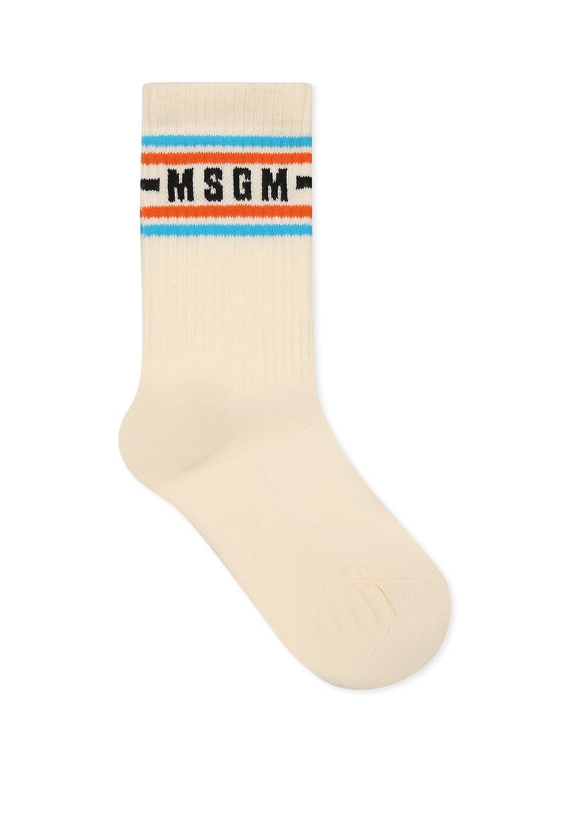 Chaussette en coton couleur crème avec une texture côtelée, ornée d'une bande rayée bleue, orange et noire avec le texte "MSGM" près du haut.