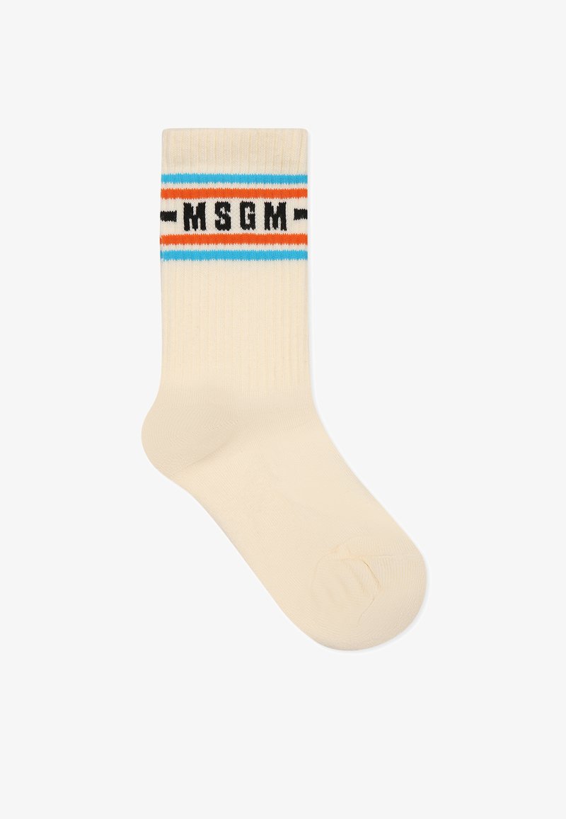 Chaussette en coton couleur crème avec une texture côtelée, ornée d'une bande rayée bleue, orange et noire avec le texte "MSGM" près du haut.