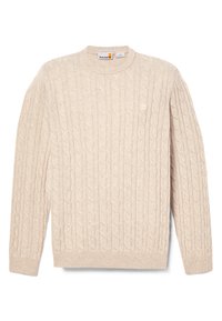 Beige Kabelstrickpullover mit langen Ärmeln und geripptem Halsausschnitt. Besitzt ein kleines Logo auf der Brust. Weicher Textur, lässige Passform.