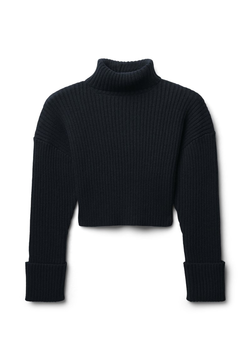 Maglione nero a collo alto in maglia con texture a coste, dal design corto, maniche larghe e polsini ripiegati.