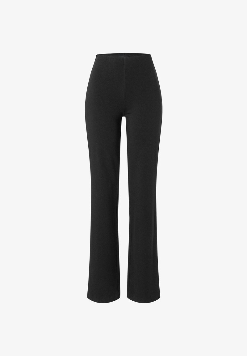Pantalon noir évasé en tissu doux à la texture lisse. Taille haute, sans fermeture ni poches visibles.