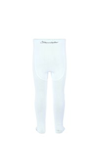 White tights with a smooth texture, featuring a waistband and a decorative logo in silver thread at the back. No patterns or accents.