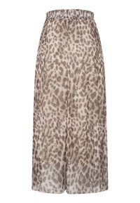 Pantalon à jambes larges avec ceinture élastique en tissu beige transparent avec motif léopard marron.