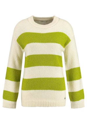 Pull en maille rayé crème et vert citron avec manches longues et encolure ronde.