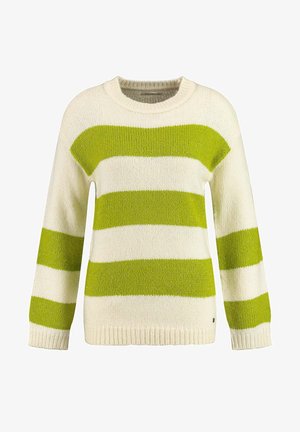 Gebreide trui met crème- en limoengroene strepen, lange mouwen en een ronde halslijn.
