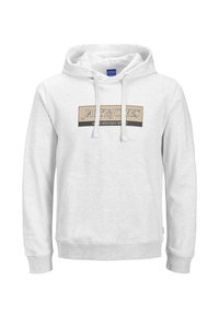 Witte hoodie van zacht materiaal, voorzien van een voorzak, een capuchon met trekkoorden en een centraal logo in beige en zwart.