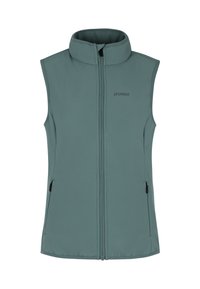 Kamizelka softshell w stonowanym odcieniu teal, z najwyższym kołnierzem, zamkiem błyskawicznym z przodu i bocznymi kieszeniami z czarnymi zameczkami. Gładka tekstura, bez wzorów.