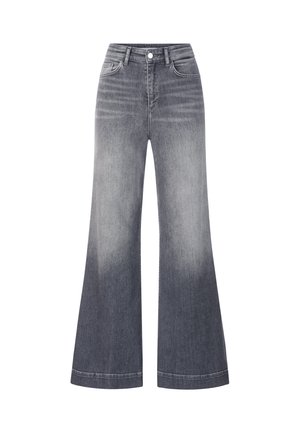 Jeans de tiro alto acampanados en denim gris degradado. Presentan bolsillos frontales, cierre con cremallera y un sutil desvanecimiento de oscuro a claro en el bajo.