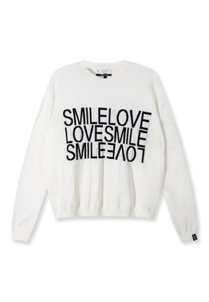 Maglione bianco con testo nero: "SMILELOVE LOVESMILE SMILELOVE." Caratterizzato da scollo rotondo, polsini a costine e vestibilità ampia. Tessuto morbido.