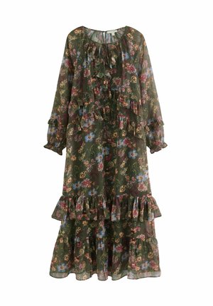Long, green floral dress with ruffled layers, featuring colorful flowers in blue and pink, cinched neckline, and long, puffed sleeves.