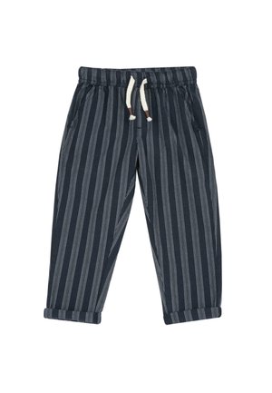 Pantalons rayés bleu marine avec une taille à cordon, deux poches latérales et des poignets roulés. La texture du tissu semble douce et légère.