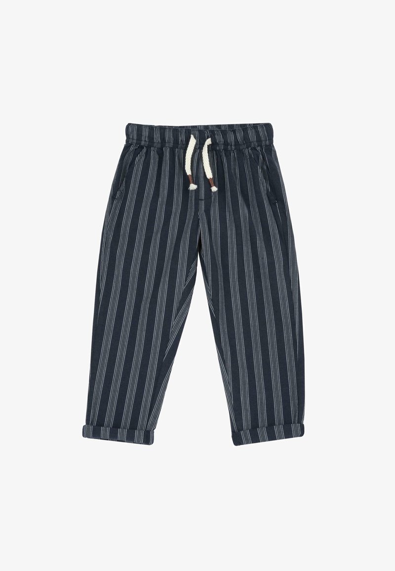 Pantalons rayés bleu marine avec une taille à cordon, deux poches latérales et des poignets roulés. La texture du tissu semble douce et légère.
