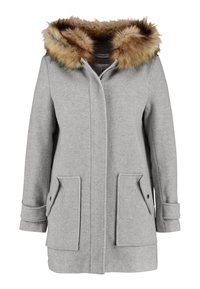 Grå uldfrakke med hætte i imiteret pels, to forlommer med klapper og en lige pasform med knaplukning. Blød tekstur og varm design.