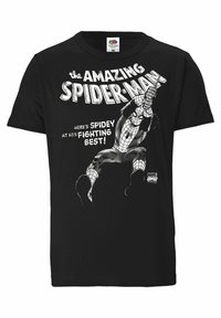 Black cotton t-shirt featuring a graphic of Spider-Man in a dynamic pose, with white text reading "the AMAZING SPIDER-MAN" and "HERE'S SPIDEY AT HIS FIGHTING BEST!"