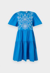 Blue cotton dress featuring short puff sleeves, an embroidered bodice with floral patterns, a round neckline, and a tiered skirt.
