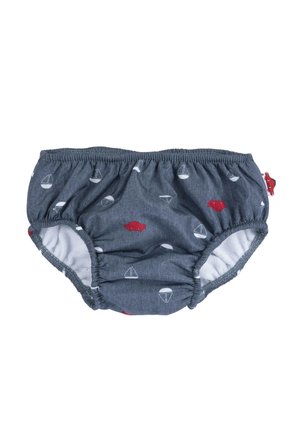 Costumi da bagno grigi con fascia elastica in vita, caratterizzati da un motivo di pesci rossi e barche bianche. Realizzati in tessuto leggero con una morbida fodera interna.