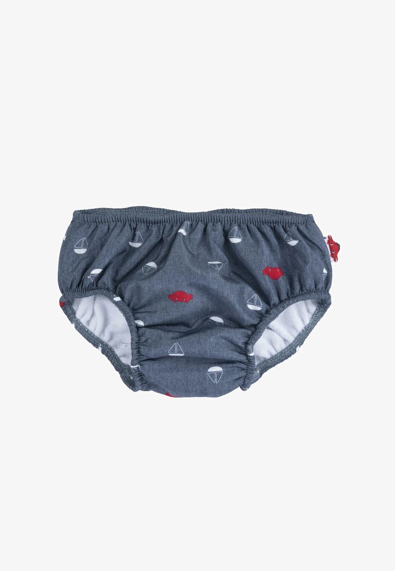 Bas de maillot de bain gris avec taille élastique, arborant un motif de poissons rouges et de bateaux blancs. Fabriqué en tissu léger avec une doublure intérieure douce.