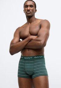 Zöld csíkos boxeralsó márkázott derékpánttal, puha anyagból készül, amelyen végig fehér és szürke vízszintes csíkok futnak.