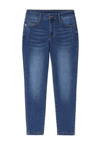 Jeans de mezclilla azul oscuro con un corte slim, que cuentan con un cierre de botón, cinco bolsillos y sutiles detalles de desgastado en la parte frontal.