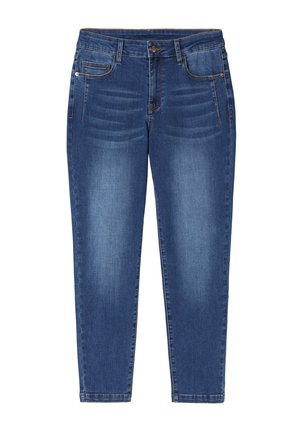 Donkerblauwe denim jeans met een slim fit, voorzien van een knoopsluiting, vijf zakken en subtiele vervagingdetails aan de voorkant.