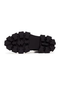 Zwarte rubberen zool met een gestructureerd, robuust loopvlak met hoekige patronen voor grip en stabiliteit. Platte profiel geschikt voor gebruik buitenshuis.