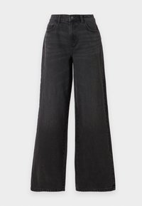 Jeans noir évasés, en denim, taille haute avec cinq poches, décoloration subtile et détails de couture au niveau de l'ourlet, offrant une coupe décontractée.