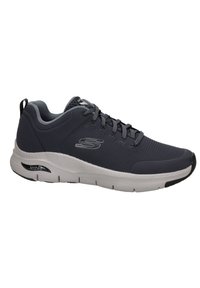 Zapatilla deportiva gris con parte superior de malla transpirable, superficie texturizada, entresuela blanca gruesa y suela negra. Presenta una etiqueta "ArchFit".
