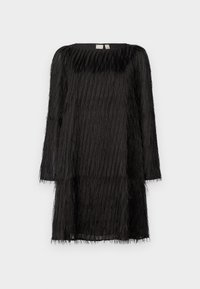 Abito nero con un design testurizzato e frangiato, maniche lunghe e scollatura rotonda. Il tessuto sembra trasparente con una silhouette fluida.
