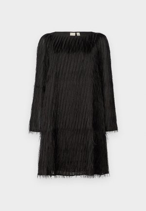 Black dress featuring a textured, fringed design, long sleeves, and a round neckline. The fabric appears sheer with a flowing silhouette.