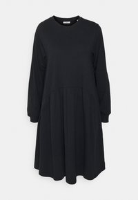 Svart långärmad klänning med rund halsringning, med en rynkad nederkant och slät textur. Designad med en lös passform och längd under knät.