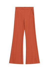 Pantaloni a zampa d'elefante di colore arancione ruggine, realizzati in tessuto morbido. Presentano una vita liscia, due tasche laterali e linee pulite.