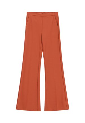 Pantaloni a zampa d'elefante di colore arancione ruggine, realizzati in tessuto morbido. Presentano una vita liscia, due tasche laterali e linee pulite.