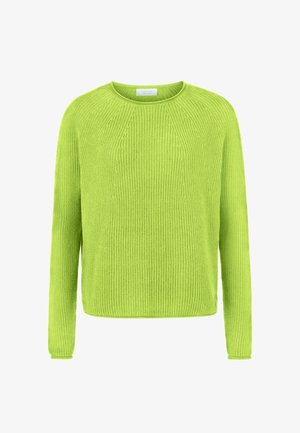 Limoengroen gebreide trui met een ronde hals, lange mouwen en een geribbelde structuur. Heeft een losse pasvorm en subtiele diagonale details.