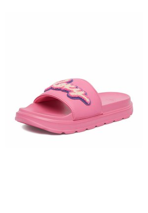 Pink slidesandal med en tyk sål og en bred rem med et lodent, flerfarvet broderet design på toppen.