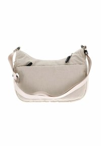 Sac à épaule en velours côtelé beige avec une bandoulière réglable, poche zippée à l'avant et tirettes de curseur noires sur fond blanc.