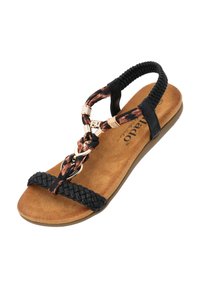 Zwarte en tan sandalen met een gevlochten zwarte band, dierenprintaccenten en hardware in goudkleur; zacht tekstuurd voetbed met een platte zool.